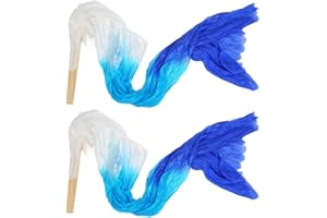 HERCHR 2Pcs Silk Belly Dance Fan, 1.5m Artificial Silk Dancing Bamboo Square Dancing Fan Dance Props for Group Performance, Belly White Cyan Blue