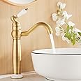 Maynosi Bathroom Basin Mixer Taps, High Rise Sink Tap for Countertop Basin, Traditional Tall Faucet with Ceramic Lever, Cloakroom Classic Tap, 360° Swivel Spout, Retro Style, Antique Brass