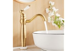Maynosi Bathroom Basin Mixer Taps, High Rise Sink Tap for Countertop Basin, Traditional Tall Faucet with Ceramic Lever, Cloakroom Classic Tap, 360° Swivel Spout, Retro Style, Antique Brass