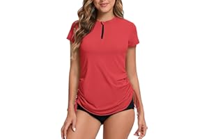 HAVIDETO Women Rash Vest Short Sleeve Rash Guard 1/4 Zip Front UV Swim Top Quick Dry Swimming Shirts Adjustable Hem UPF 50+