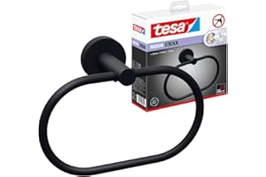 tesa Moon Black Handtuchring, matt schwarz - Handtuchhalter-Ring oval - zur Wandbefestigung ohne Bohren, inkl. Klebelösung - 53 mm x 184 mm x 130 mm