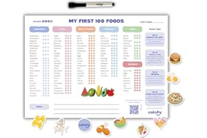 CATCHY - My First 100 Foods Tracker Set - 1 Magnetic Whiteboard Checklist, 10 Fridge Magnets + 1 Marker - Lists All Major Food Groups + Key Allergens - with Expert Tips - Reusable