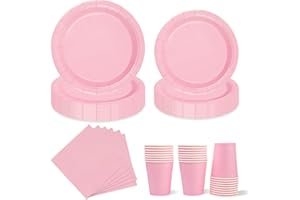 HFBOBP 96 Stück Hellrosa Partygeschirr Set，Party Pappteller Becher Servietten Partyteller Partyset Süße Party für Feste und Feiern wie Geburtstag