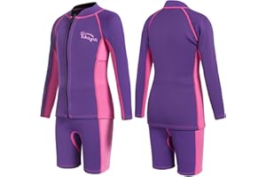 Yikayin Kids Wetsuit, 2mm Two Piece Boys Girls Wetsuits Kid Neoprene Swimsuit Thermal Long Sleeve Top+Shorts Keep Warm Sun Protection Front Zip Ultra Stretch Diving Suit Chlid Wetsuit for Watersport