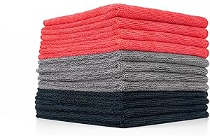The Rag Company - 12 szt. 40 x 40 cm uniwersalne ręczniki z mikrofibry, klasy komercyjnej, wysoce chłonne, niestrzępiące się, niebrudzące (czarny/szary/czerwony)