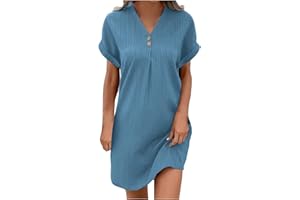 KQIVAM Robe Lin Coton Femme Ete Chic Elegant Tunique Robe Manches Courtes Ample Casuel Couleur Unie Robes avec Boutons Col V Robes De Plage Pas Cher Grandes Tailles Dress pour FêTe Vacances
