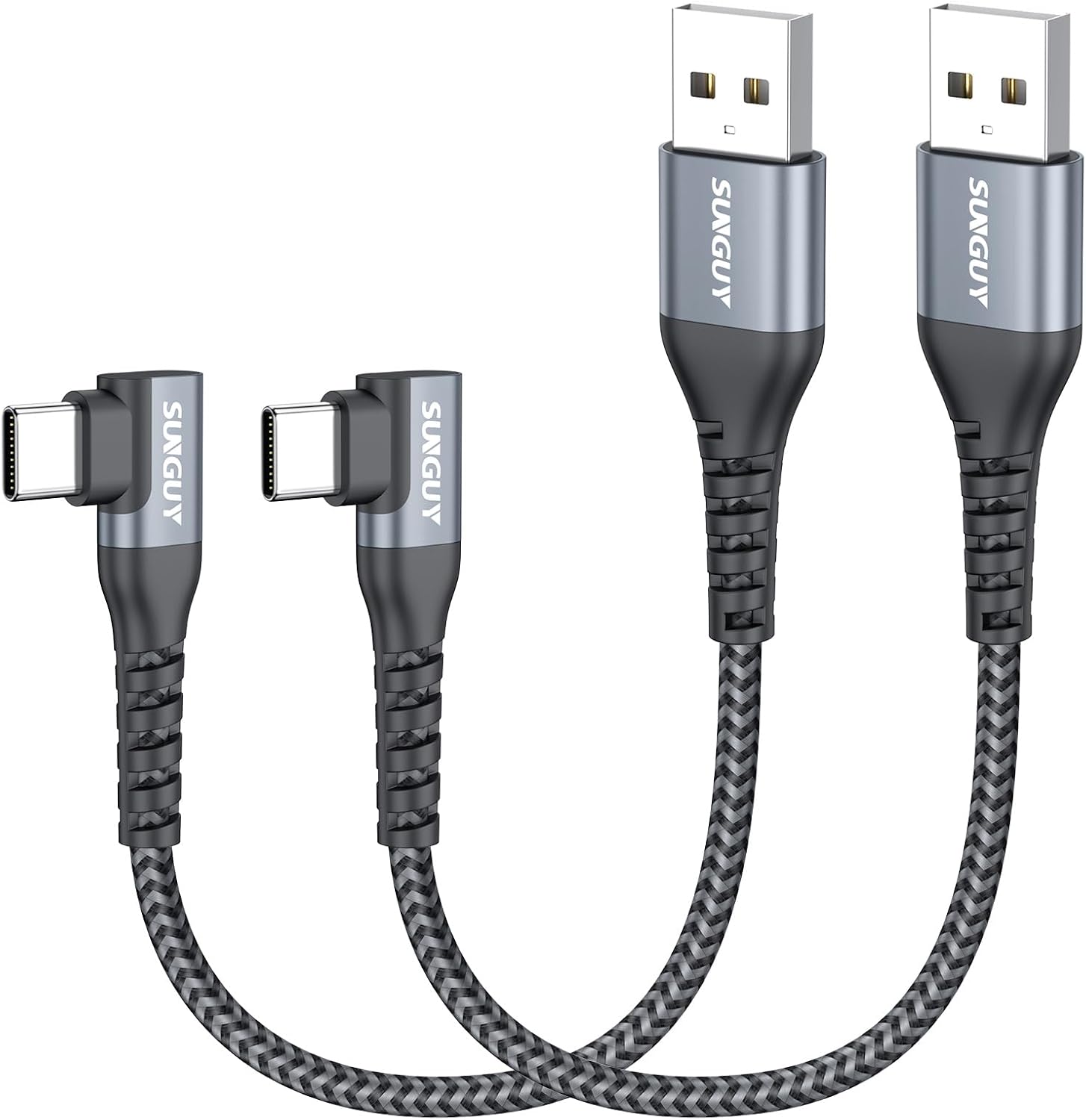 SUNGUY Cable USB A USB C 0.15M [2Pack], 90 grados Cable USB Tipo C 3A QC3.0 Carga Rapida transferencia para iPhone 17/16/15 Pro Max, Galaxy S25 S24, Pixel, iPad