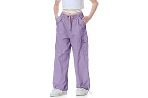 Rolanko Girls Baggy Cargo Parachute Trousers, Y2K Vintage Joggers with Adjustable Elastic Waist for Kids Fit