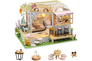 HJBHDOLL DIY Cat Cafe miniaturowy domek dla lalek z oświetleniem LED, skala 1:24, ręcznie wykonany kot, kawa, ogród, domek dla lalek, kreatywny prezent urodzinowy dla nastolatków i dzieci (domek dla kotów,