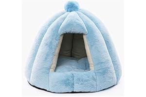 DHGTEP Cat Igloo Beds Fluffy Cat Cave Hooded Heated Bed Basket Cat Tent Caves & Houses Removable Washable Cushions for Cats/Cushion Bed for Cats (Color : Blue, Size : 48x48x40CM)