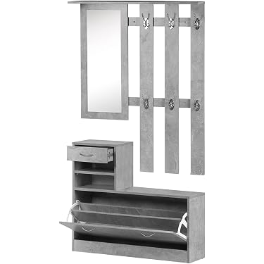 Bladez Set Appendiabiti Con Panca E Credenza – Corridoio Moderno In Rovere Grigio Chiaro, Scarpiera 15 Paia, Specchio, Cassetti, Gambe In Metallo