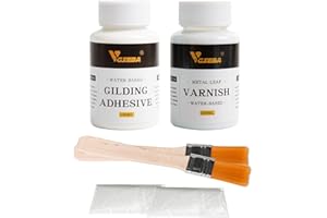 VGSEBA Gold Leaf Gilding Adhesive Set, 100ml Water Based Metal Leaf Glue and 100ml Varnish for Craft, Arts Use (200ml + 2 Brushes + 2 Gloves)