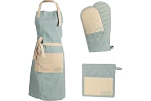 The Great British Bake Off Cotton Textiles Kitchen Set, Oven Gloves & Chef Apron, Heat Resistent Pot Holder Cooking Gloves, Official GBBO Logo, Duck Egg Blue, One Size