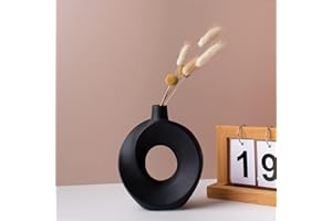 FENGAIM OUTLET Weiße Keramik Vase für Blumen, Runde Matte Donut Vasen für Pampasgras, Moderne Home Decor Vase, Minimalistische Nordic Boho Ins Style Vasen für Esstisch Wohnzimmer Büro Schlafzimmer (Schwarz-S)