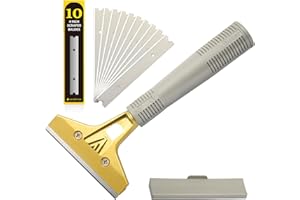 EHDIS Rasqueta con 10 Piezas Cuchillas, asa Larga Raspador y Rascavidrios Profesional para ventana de vidrio, Parabrisas, Granito, Limpieza de paredes Herramienta de mano, oro