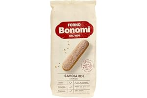 Forno Bonomi Savoiardi, biscotti preparati con uova fresche allevate a terra, ideali per tiramisù, per uno snack goloso e light. Confezione da 400g