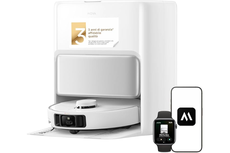 Mova P50 Pro Ultra Robot Vacuum Cleaner 19000 Pa with Flexible Mop, Tangle Free Brush, Car Emptying and Cleaning, Smart Obstacles, Voice Control, Video and App Control