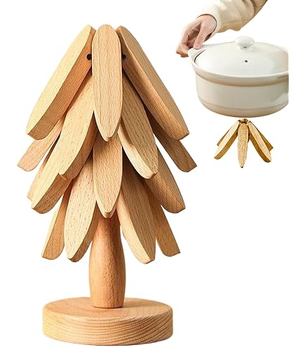 Dessous De Plat De Cuisine en Bois, Dessous De Plat Pliable en Forme d'arbre pour Casseroles Et Poêles Chaudes Bouilloires Théière Marmites, Décoration pour Maison Noël (B 3 étages