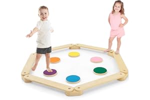 COSTWAY Poutre d'Equilibre en Bois Enfants avec Pierre de Marche,Parcours d'obstacles de Gymnastique avec Style Montessori,Intérieur Extérieur pour Tout-Petits de 3-7 Ans