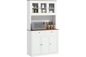 HOMCOM Alacena de Cocina, Mueble Auxiliar de Cocina, con 3 Puertas de Vidrio, Encimera Abierta para Microondas, 2 Cajones y Estantes Ajustables, 100x40x180 cm, Blanco