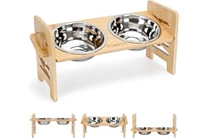TOWEAR Raised dog Bowl, elevated dog bowls,6-Level Adjustable Raised, Bamboo Dog Feeding Station, 2 Stainless Steel Pet Bowl, dog bowls with stand for Dog and cat Raised Feeders (Classic, For small dogs)