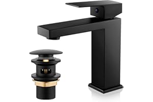 BOOXELY Mitigeur Lavabo Noir, Robinet Cascade Salle de Bain, Mitigeur Lavabo Monocommande avec Bonde de Lavabo Pop-up, Moderne Robinetterie Noir, G 3/8