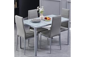 DZOVAD Dining Table and Chairs Set 4, Modern Glass Dining Table and 4 Faux Leather Chairs for Home, Living Room, Office and Café (Gray Marble/Gray, 5-Piece Set)