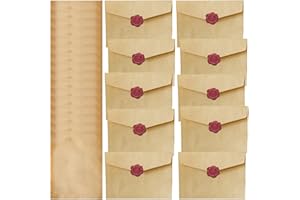 ZILZUFA Vintage Carta da Lettere con Busta, Carta da Lettere Busta Kraft, 16 Carta Vintage Carta da Lettere e 10 Adesivo Sigilli di Cera, 10 Buste di Carta Vintage per Scrivere e Disegni