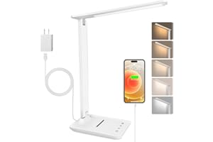 Jumoking Schreibtischlampe LED Dimmbar Augenschutz,Desk Lamp mit 5 Farben und 5 Helligkeitsstufen,Tischlampemit USB Ladeanschluss Touch Steuerung für Kinder, Schlafzimmer, Lektüre, Büros (White)