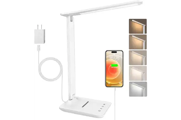 joyshie lámpara Led Escritorio, Flexo de Escritorio con luz nocturna, lampara de escritorio con control táctil, Puerto de carga USB, 5 niveles de luminosidad 5 modos (blanco)