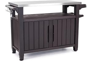 Keter Unity XL - Tavolo da esterno portatile con ganci per accessori da barbecue, piano in acciaio inox, per terrazzo, isola da cucina o carrello da bar, colore: marrone