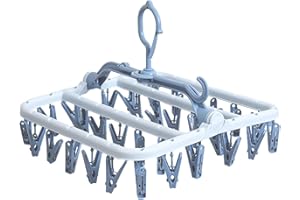 HTRTRR Appendiabiti per Calzini con 32 Pinze, Stendino Pieghevole e Girevole a 360°, Organizer Salvaspazio per Calzini e Intimo, Stendibiancheria Antivento per Interno ed Esterno (blu)