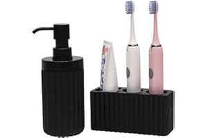 Suanti 2PCS Bathroom Accessories Set with Large-Opening Ribbed Soap Dispenser and 3 Compartment Toothbrush&Toothpaste Holder,Resin Farmhouse Bathroom Decor Set Countertop Organizer-Matte Black