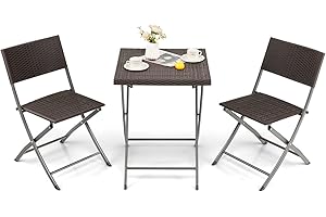 ‎COSTWAY COSTWAY Bistrotisch mit 2 Stühlen, klappbarer Balkonset, 3-teilig Gartenmöbel-Set, Polyrattan Sitzgarnitur Sitzgruppe Balkonmöbel Gartenmöbel Gartengarnitur für Garten, Hof, Balkon