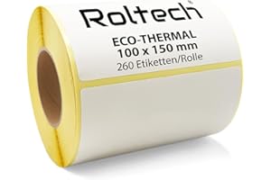 ROLTECH Rolle Thermo Etiketten Weiß 100x150mm | 260 Stück je Rolle | Kern 40 mm | Versandetiketten | permanent haftend | selbstklebende Etiketten für Thermodrucker | zum beschriften