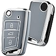 OATSBASF Car Key Cover for VW Golf 7 Key Box/Key Case Cover for VW, Polo, Skoda, Seat, 3 Buttons (Blue-Silver Edge), (JXY-B)