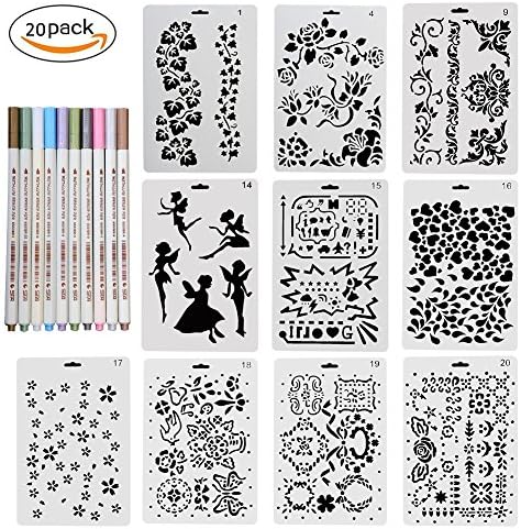 Set of 10 Reusable Stencil with 10 Pens in 10 different styles to models suitable to the Creation Wall Paper Greeting Card Scrapbooking L School Projects and plans Newspapers Perfect Accessories and Materials for DIY and for Hobby Creative Good Gift for Students Children Girls Son Daughter Travellers (Kit 20)