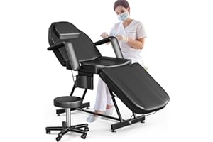 ONPNO Salon Beauty Bed and Hydraulic Stool, Adjustable 3-Section Massage Table w/Detachable Head Cushions, Professional Tattoo Chair, Facial Lash Bed for Client/Esthetician (Black)