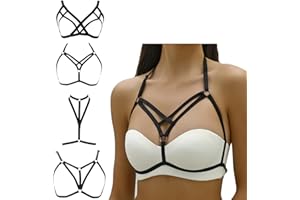 VicSec Women Sexy Harness Strappy Hollow Out Bra, Elastic Cage Bralette Cupless Body Lingerie, Punk Gothic Alluring Adjustable Halter Belt Crop Top Bralet for Ladies Festival Club Party Wear