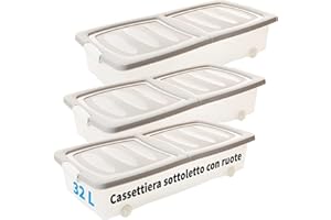 2FRIENDS Set di 3 cassettiere sotto il letto, 32 litri, trasparente, con ruote e chiusure a clip, contenitore per il letto, coperchio diviso