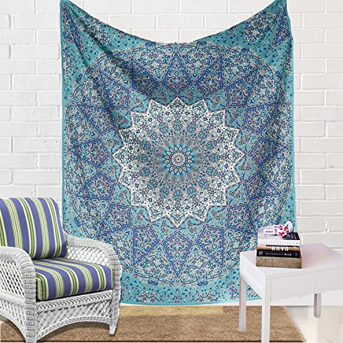 traditional-wall-art bohemian-psychedelic star-mandala-wall-hanging-sky-blue queen-size-large-84 X 90-inches-220 X 240-cm-tapestry - 2