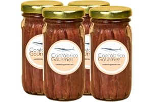 AMAISSO Anchois de Cantabrie Cantabrico Gourmet | Pack de 4 bocaux en verre (400 g) (64/80 filets) | Élaboration artisanale avec des anchois de Cantabrie | Anchois Santoña