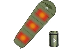 AGEMORE Mummy Sacco a pelo con piastra riscaldante in grafite, sacco a compressione per 3-4 stagioni, leggero, impermeabile e caldo per campeggio, trekking, viaggio, esterno (power bank non incluso)