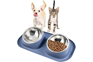 Suhaco Double Dog Bowl Raised Dog Food Bowl Non Slip Stainless Steel Double Bowls with Non-spill for Small Dogs and Cats (Dark Blue)