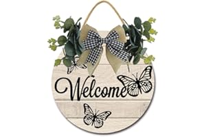GEROCLONUP Cartello di benvenuto per porta d'ingresso, ghirlanda di legno rotonda rustica, decorazione strana, decorazione per portico anteriore, regalo per tutte le stagioni primavera