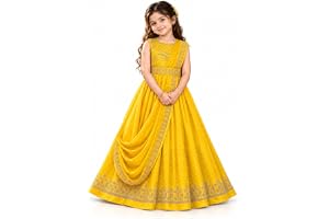 Wish Karo Girls Mustard Yellow Embroidered Ethnic Anarkali Gown with Attached Dupatta for Festive