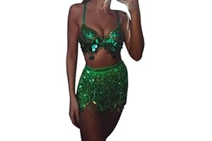 FOSSEAN Women Sequin Belly Dancer Costume Tassel Wrap Skirt Club Mini Skirt