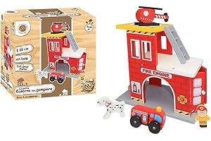 LES ZAMIBOIS PLANETE BOIS - Caserne des Pompiers et Accessoires - 095028-22 cm - Bois - Jeu - À Partir de 3 Ans