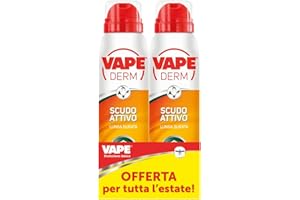 Vape Derm Spray Scudo Attivo Bipacco 100ml x 2, Spray Repellente Zanzare, Zecche e Tafani, Protezione per Adulti e Bambini anche con Sudore