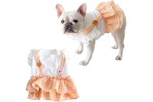 Moorfowl French Bulldog Tutu Dress with Cute Carrot Rabbit Patterns Dog Girl Plaid Suspender Skirts for Doggie Summer Clothes for Pug Corgi Party Dress Fashion Outfits